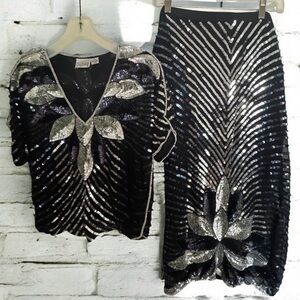 Maharaj By Cotton Candy 1980’s 100% Silk Sequined Beaded 2 Piece Set Sz Small